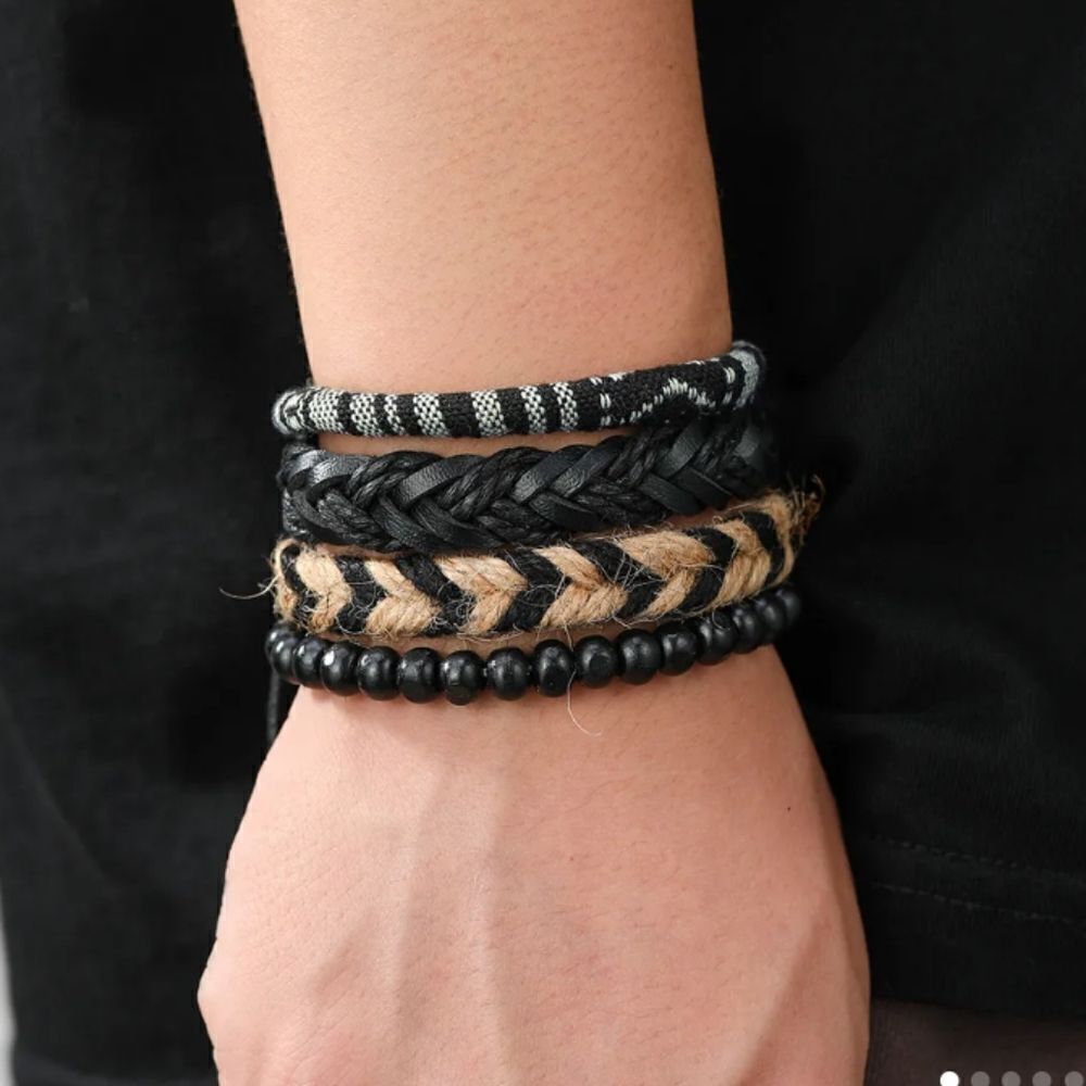 4 men's bracelets leather beaded layered beaded black brown‎ new e10